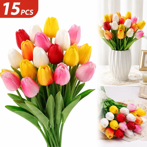 15 Pcs Artificial Tulips Flowers, Real Touch PU Faux Tulip Stems, Spring Wedding Bouquet Floral Arrangement, Home Office Party Decor, Mother's Day Gift, Vase Centerpiece Decorations (Multi-Color)