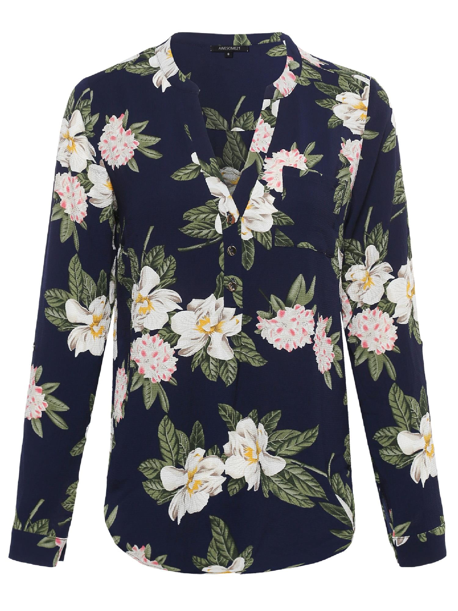 Women's Floral Henley Blouse Dress Shirt w/ Gold Buttons - Walmart.com