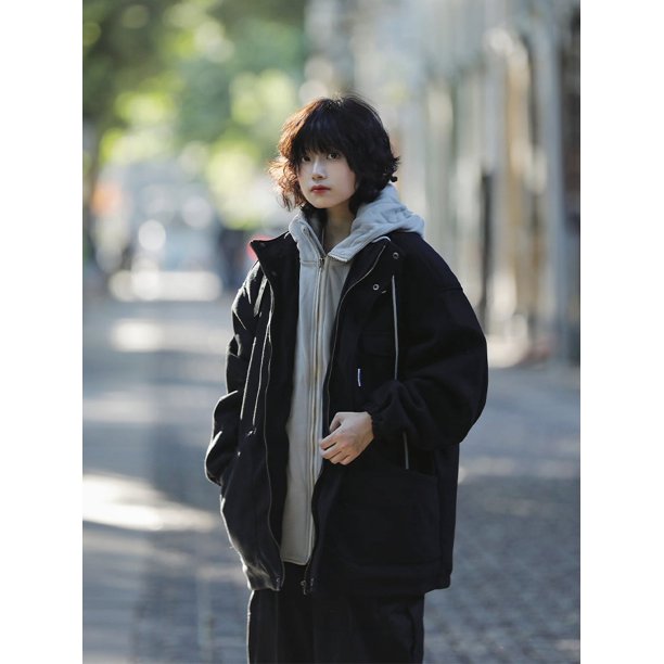 Parkas para mujer con capucha, acogedoras, suaves, resistentes al viento, estilo japonés, ropa de calle, versátiles, modernas, diseño de botones falsos de dos piezas, estética elegante.