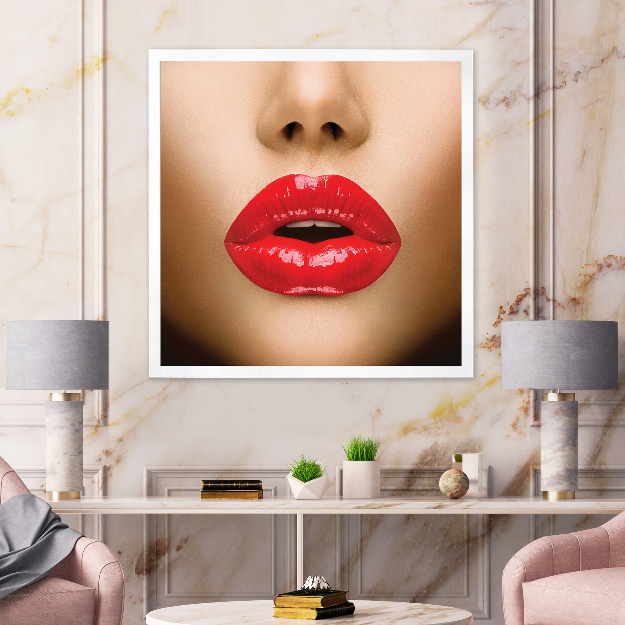 Designart 'Sexy Woman Lips Beautiful Make-Up Close-Up Kiss' Modern Framed Art Print