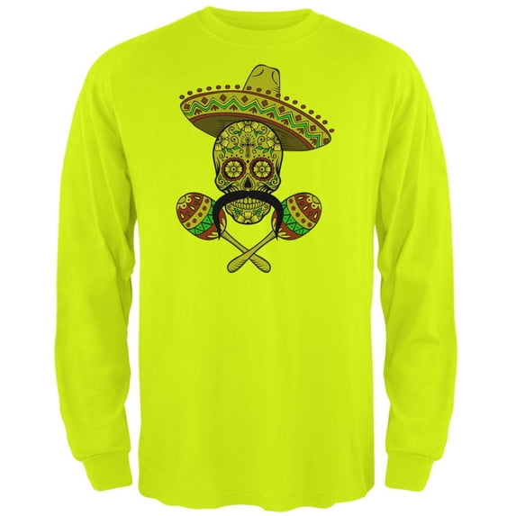 Cinco de Mayo Sombrero Skull Maracas Crossbones Mens Long Sleeve T Shirt Safety Green MD