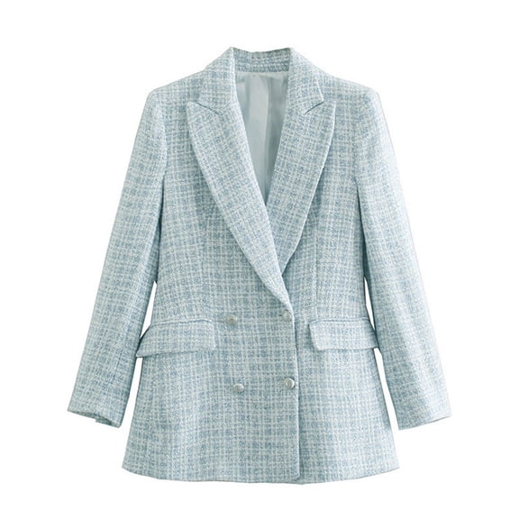 UYISJ Plaid Tweed Blazer Jacket for Women Fashion Elegant Open Front Casual Work Office Suit Coat with Pockets Light Blue S