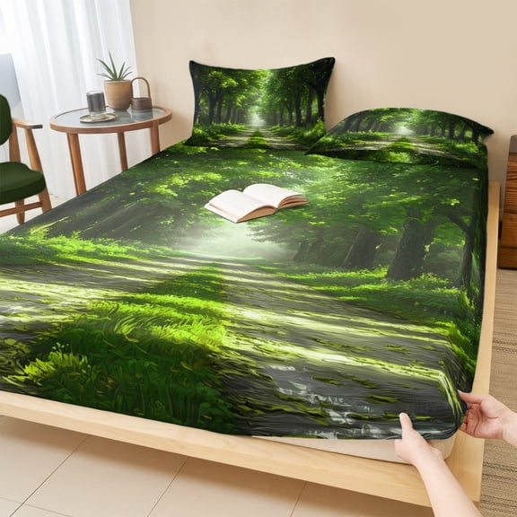 King Size Fitted Sheet Set - Green Trees 3 Piece Bedding Sets 16" Deep Pocket Fitted Sheet with 2 Pillowcases, Forest Art Decor Spring Summer Nature Leaf Brushed Microfiber Hotel Luxury Bed Sheets
