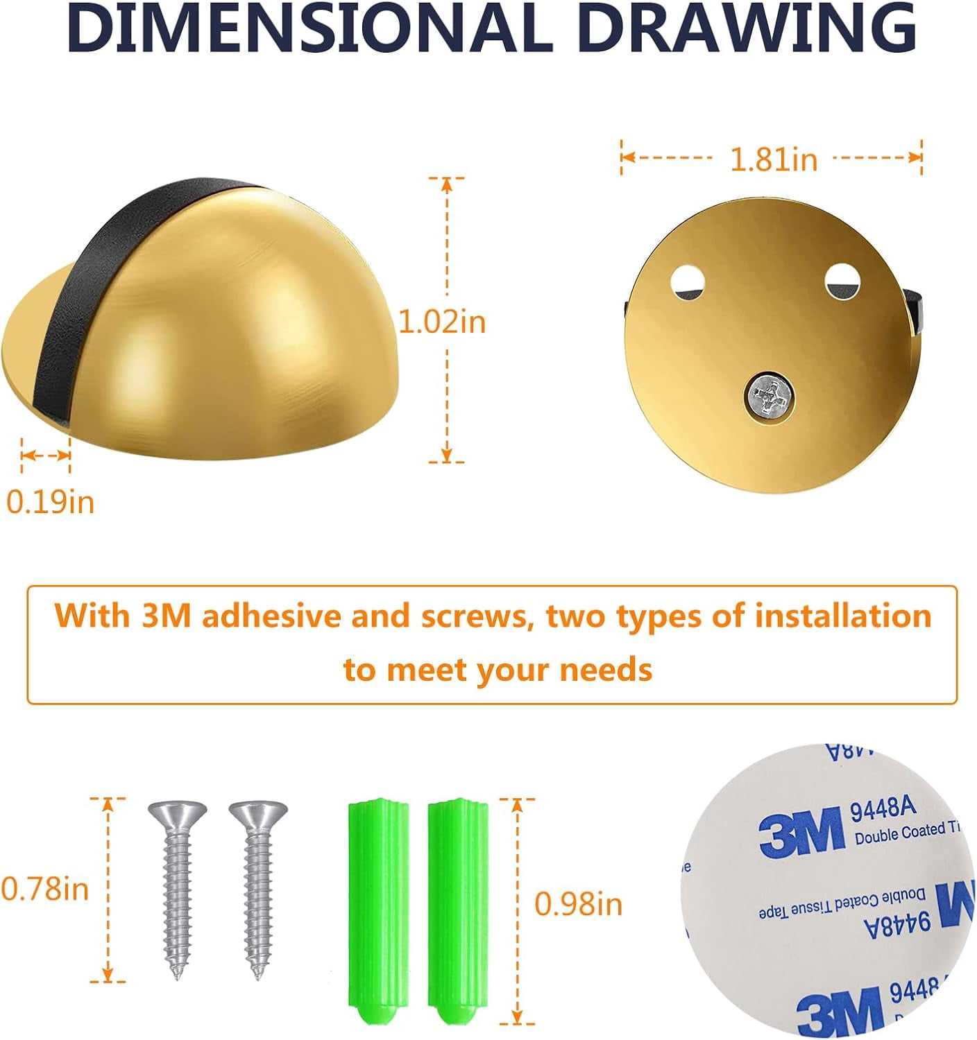 4 Pcs Stainless Steel Floor Mounted Door Stop, Drilled or Drill-Free 3M Adhesive, in Floor Mount Half Dome Door Stopper, Doorstop for Hotel Home Restaurant (Gold)