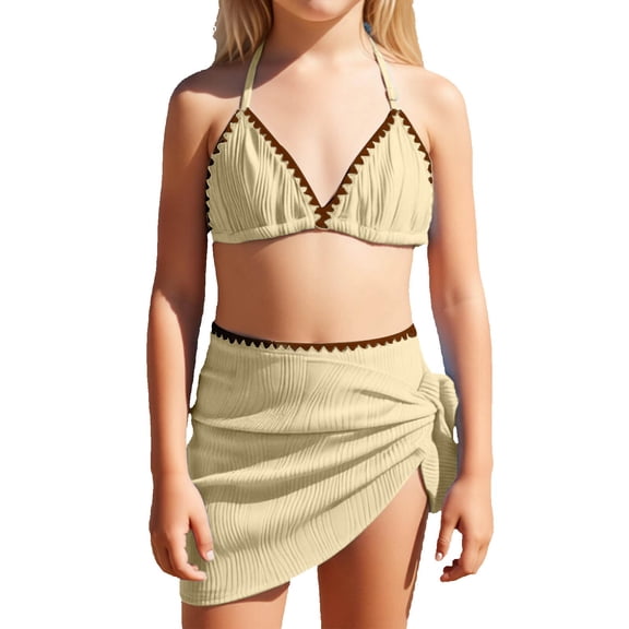 Zylarhe Swimming Suit for Girls,3 Piece Bathing Suits for Girls Tween Girls Tankini Swimsuit Girl Swimsuits Teens Swimwear Summer 8-9 Years Beige