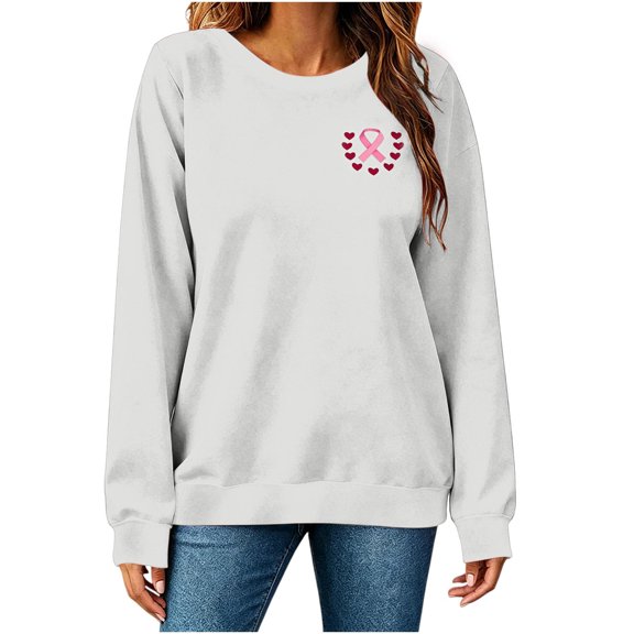 Staron Womens Sweaters Soft Round Neck Long Sleeve Hearts Graphic Casual Comfy Loose Breast Cancer Awareness Tops, Gray L