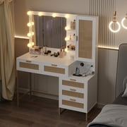 Ataucjin Makeup Vanity with Lighted Mirror, Vanity Mirror with Lights and Table & Power Outlet, Vanity Desk with Power Strip, Adjustable Lighting, 5 Drawers, for Bedroom, Dressing Room, White & Gold