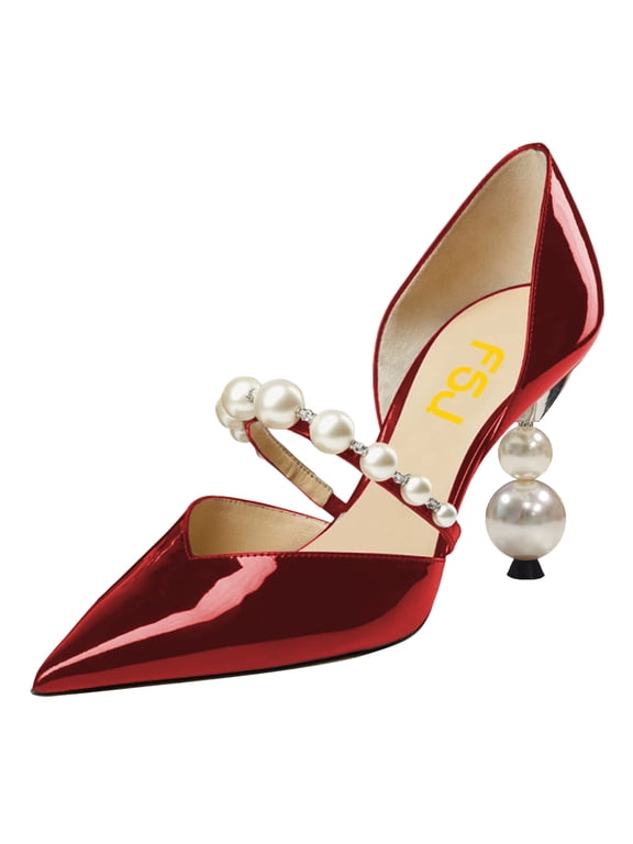 Women Elegant Pointy Close Toe Beaded High Heel Pumps Pearls Strappy D'Orsay Pumps Church Party Wedding Dress Shoes Size 9 Red