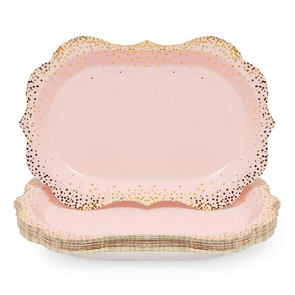 24 Pack Disposable Serving Trays, Pink & Gold Polka Dot Paper Platters