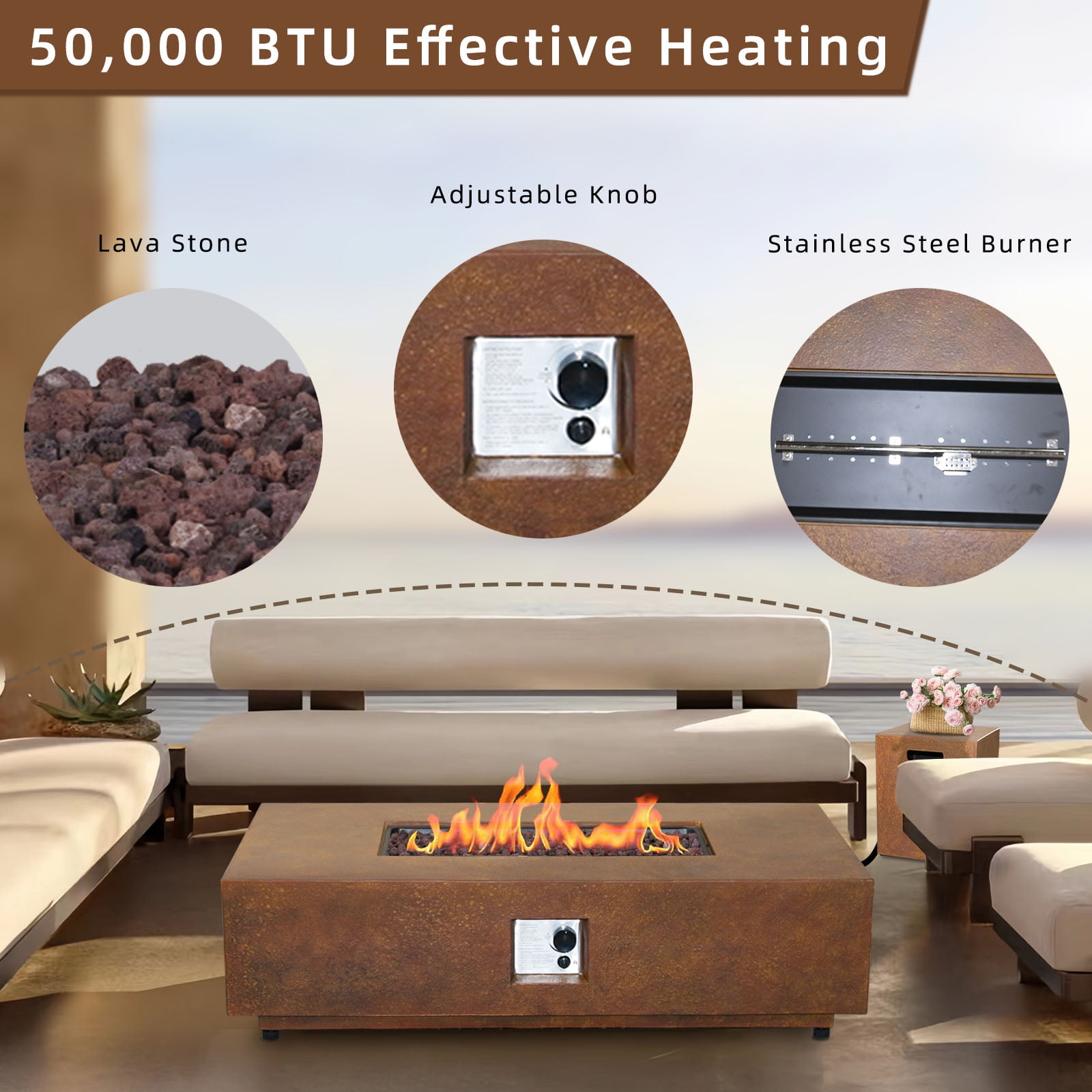 Afterglow Firepits All Terrafab External Gas Tank for Outdoor Use Rectangular 50000 Btu, Rusty Brown
