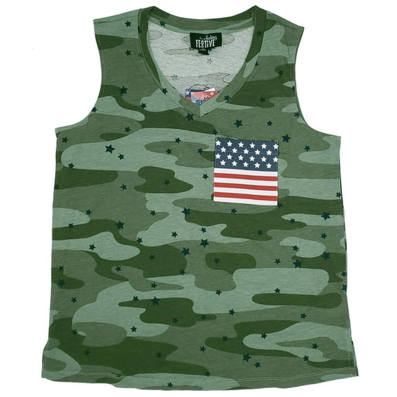 Feeling Festive Women's Tank Camo with USA Flag Pocket Small