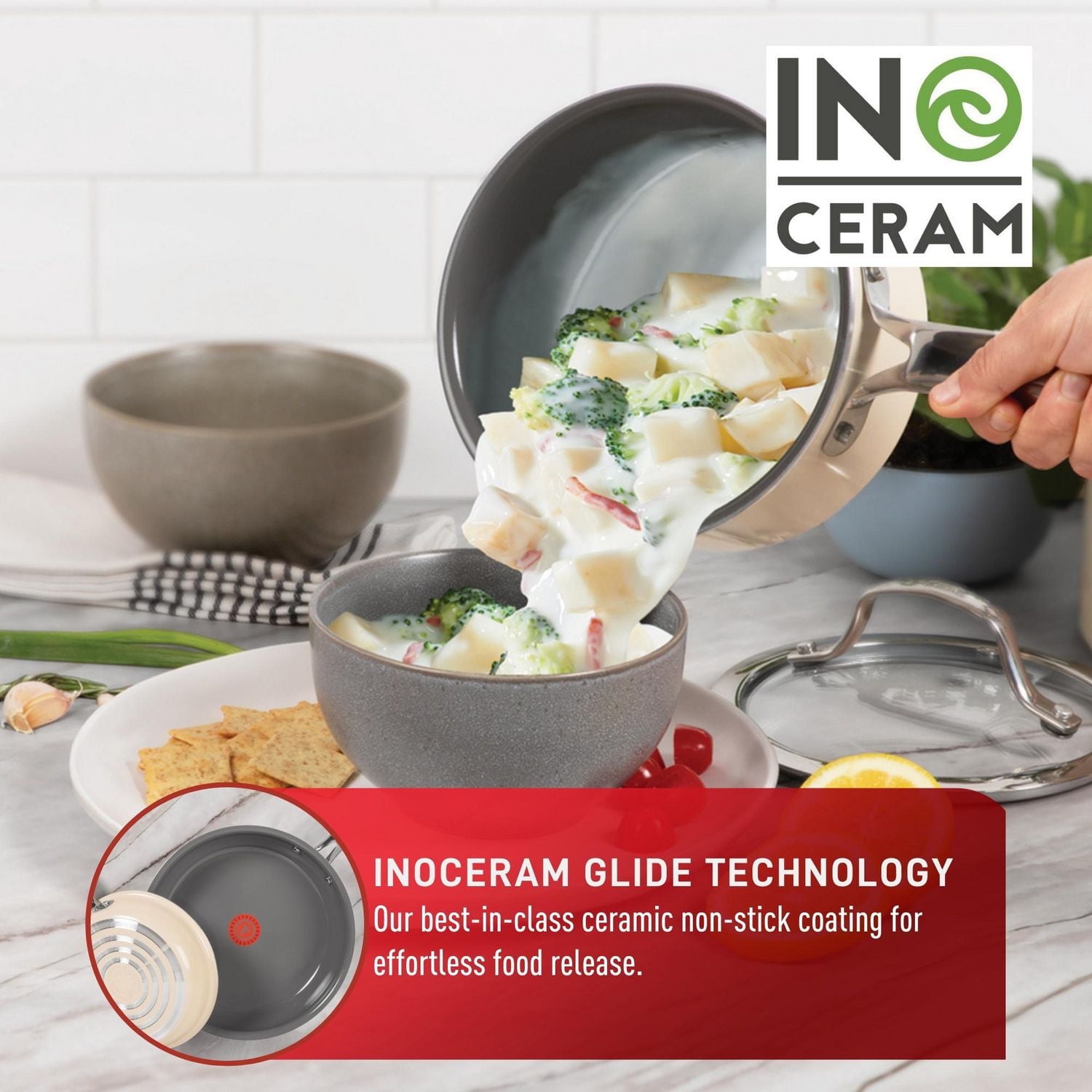 T-fal Excellence Ceramic 10PC Cookware Set, Cream