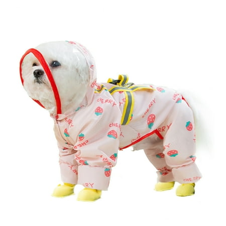 Dog Raincoat and Rain Shoes Set  Full Cover Reflective Dog Jacket  Dog Raincoat with Rain Boots Set for Small Medium Dogs Strawberry L