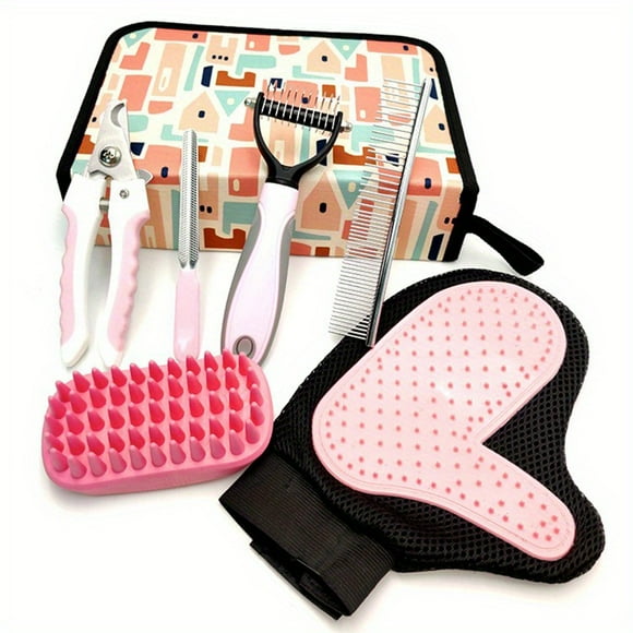 Professional Pet Grooming Tool Set - Nail Clippers Hair Detangler Bath Glove And Massaging Brush Comb - High Quality & Latest Design - Pet Grooming Tools Pet Bathing Accessories
