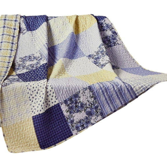 Virah Bella Blue & Yellow Bluebell Patch Plaid Quilted Throw Blanket, 50" x 60"