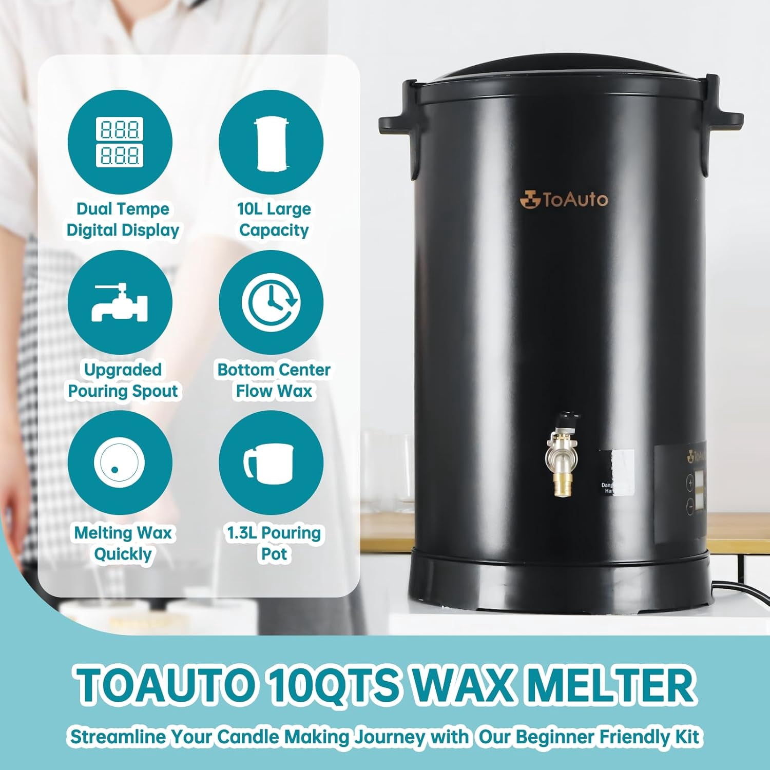 TOAUTO 10 Qt Stainless Steel Digital Wax Melter for Adult Candle Making Kit