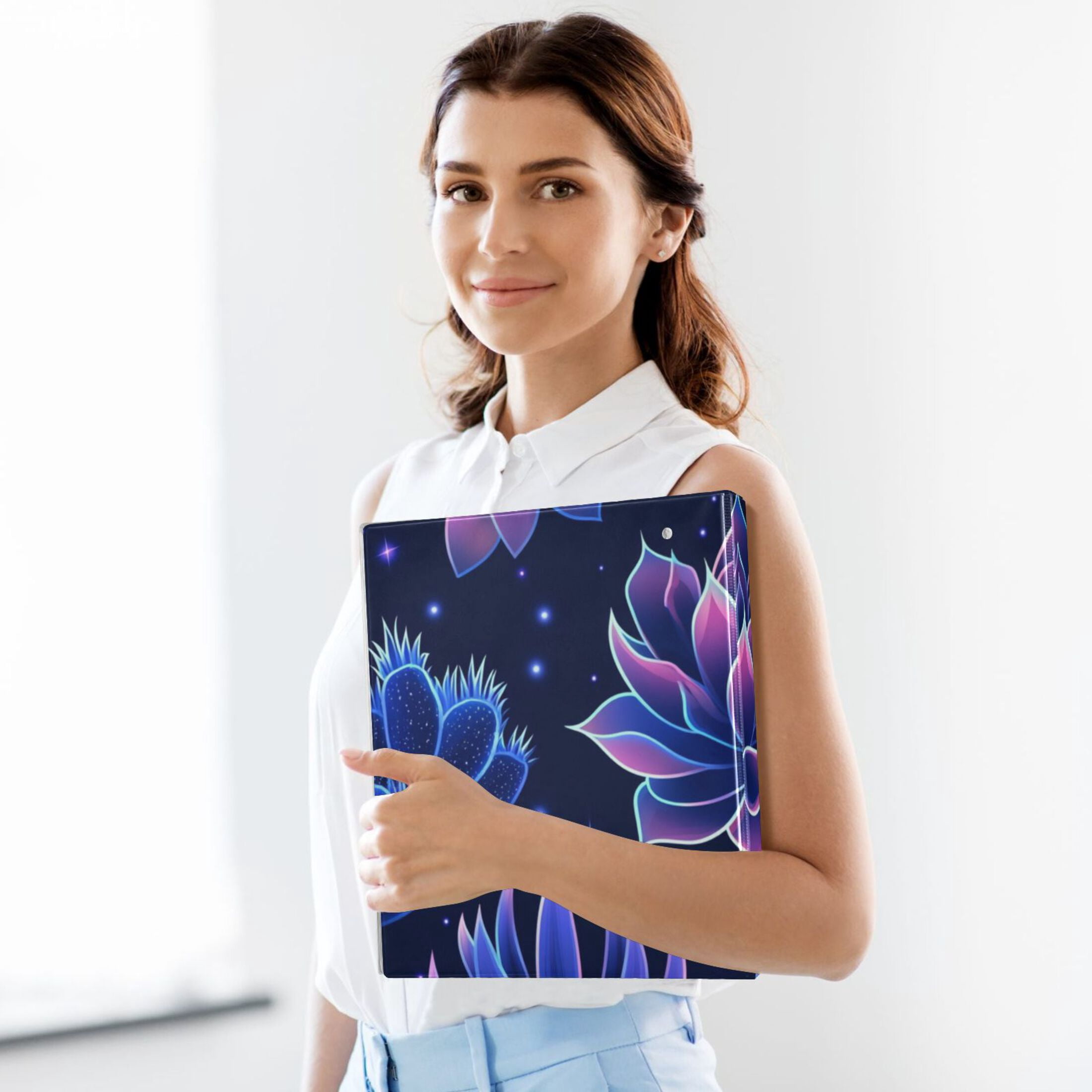 Blue Growing Flowers 3 Ring Binders 1.5 inch Hardcover File Folders with Interior Pockets A4 Size Organizer for School Office Hospital