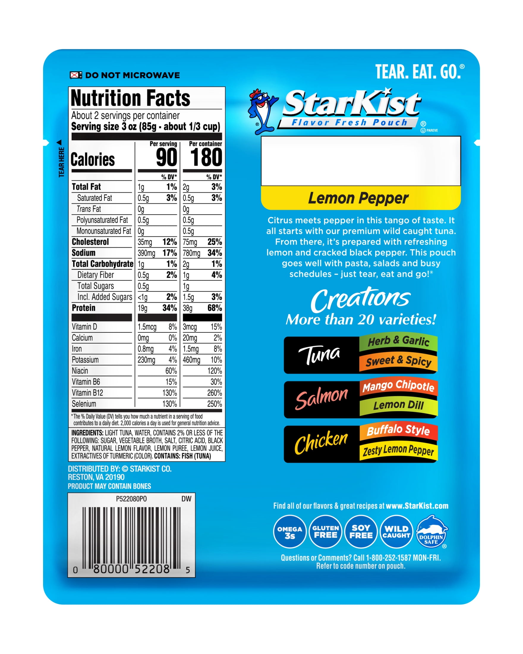 (2 pack) StarKist Tuna Creations, Lemon Pepper, 38g Protein, 6oz Pouch