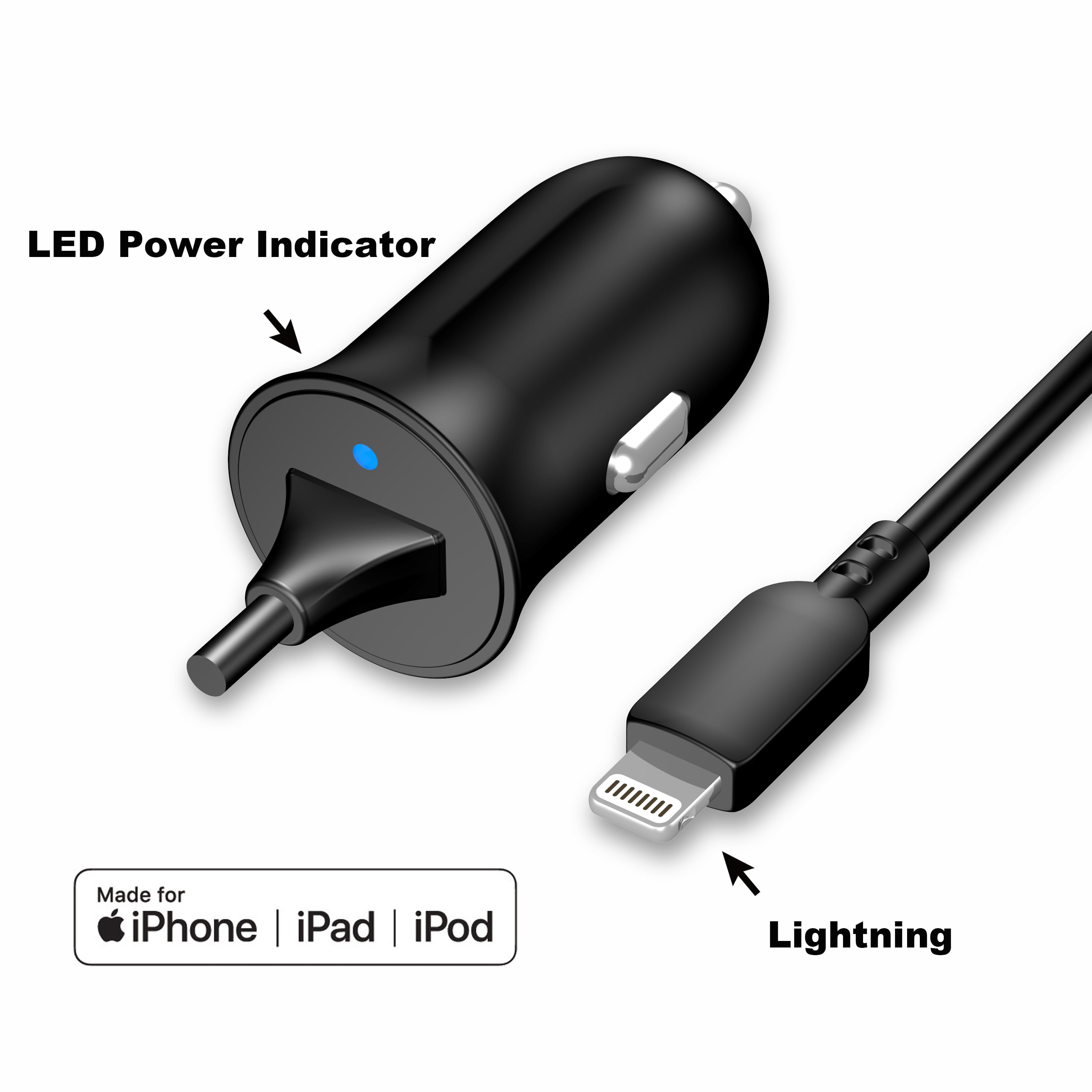 onn. Lightning Car Charger, 3 ft, Black