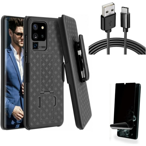 Case Belt Clip w 6ft USB Cable w Privacy Screen Protector for Samsung Galaxy S20 Ultra - Holster Swivel Cover, Type-C Charger Cord Power, TPU Film [NOT GLASS] [Fingerprint fits Galaxy S20 Ultra