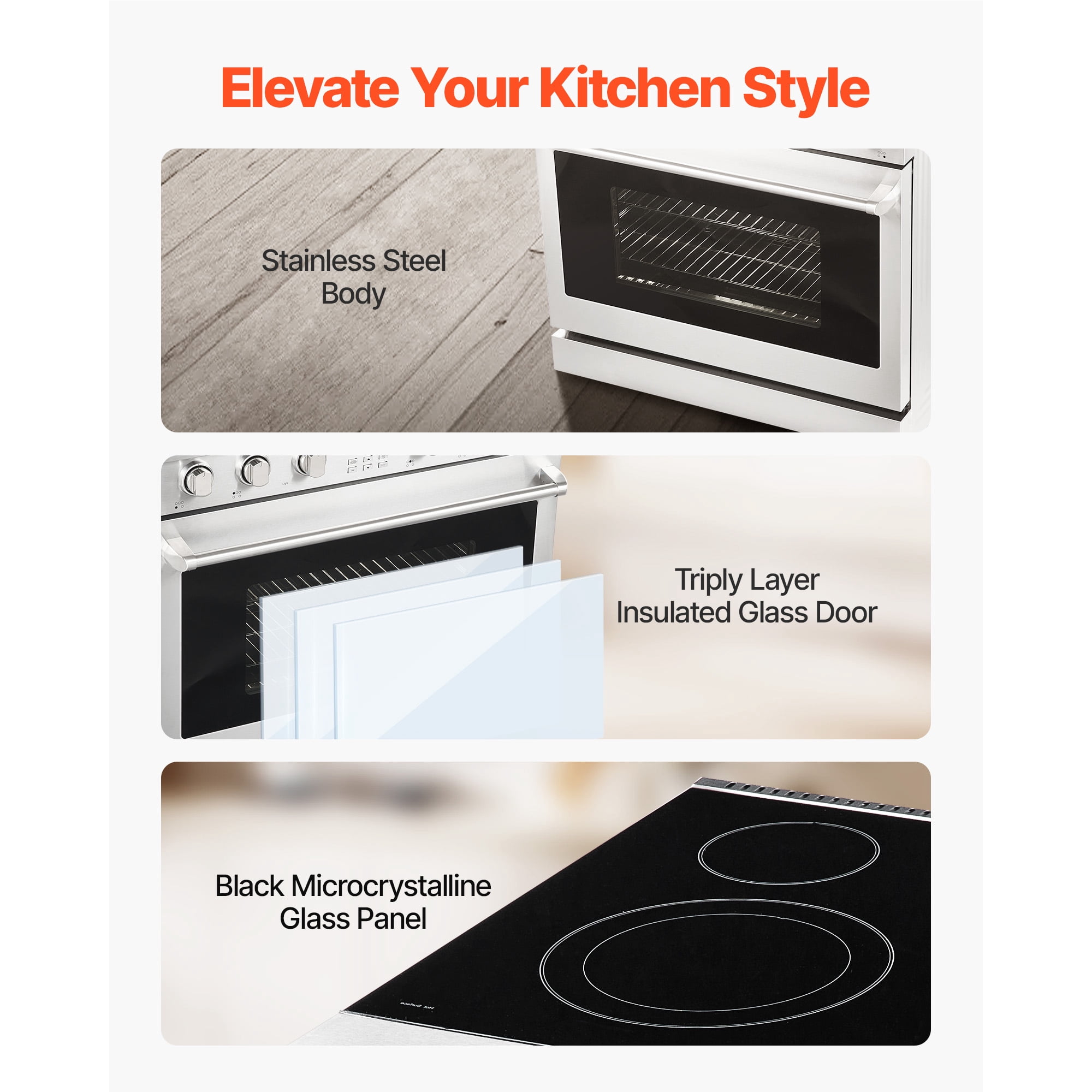 KFFKFF 36-inch Electric Range Oven, 6.0 Cu. Ft. Freestanding Stainless Steel Stove, Features 5 Burners, Digital Controls, Adjustable Racks, Ideal for Apartments and RVs (No power cord)