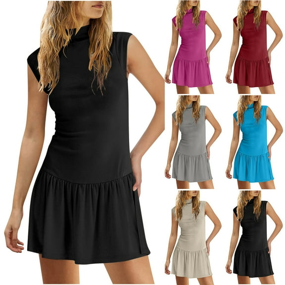 Hrsba Womens Summer Sleeveless Dress,Plus Size Casual Dress for Womens,Womens Sleeveless Summer Mini Dress Sexy Mock Neck Tank Dresses Bodycon Drop Waist Short Sundress