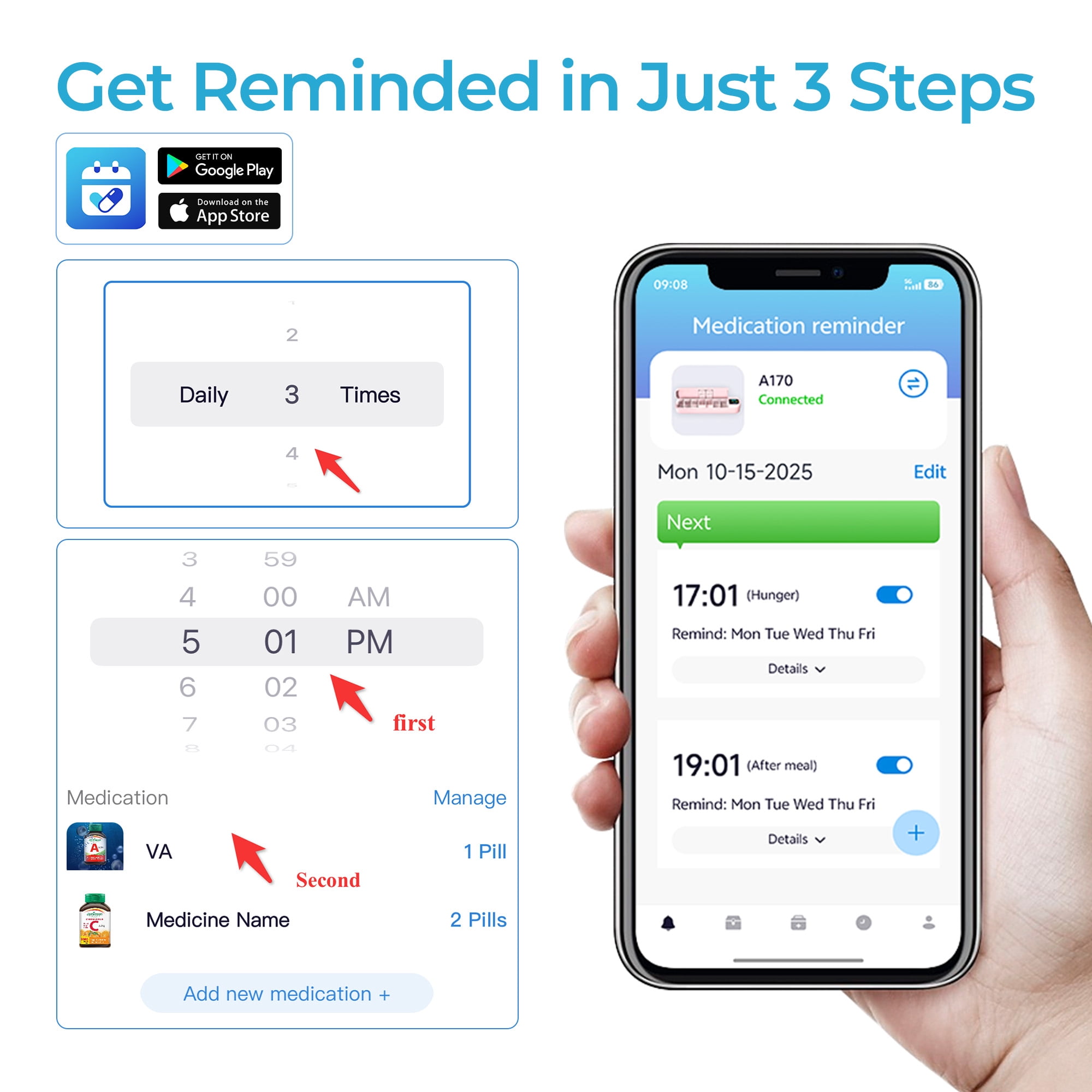 Bluetooth Electronic Pill Dispenser with Alarm, Smart Pill Organizer with Reminder&Light, Pill Timer Tracker, Automatic Medication Dispenser, Weekly 7 Day Pill Case 1 Time a Day for Travel