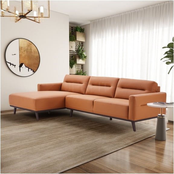 JERFIT Mid-Century Modern L-Shaped Sofa Sectional with Chaise, Vegan Faux Leather, 4-Seater, Cognac Brown, for Living Room