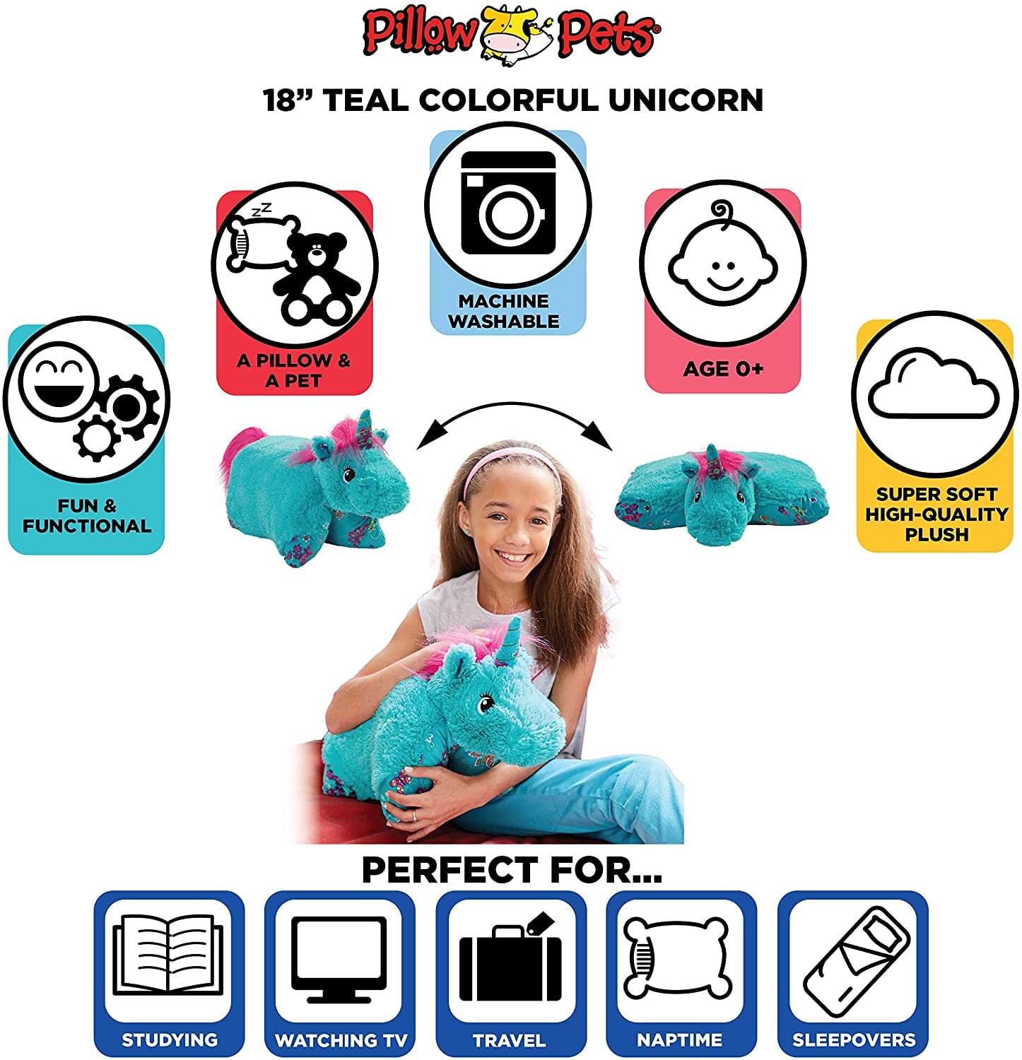Pillow Pets Originals Magical Unicorn, 18" Stuffed Animal Plush Toy