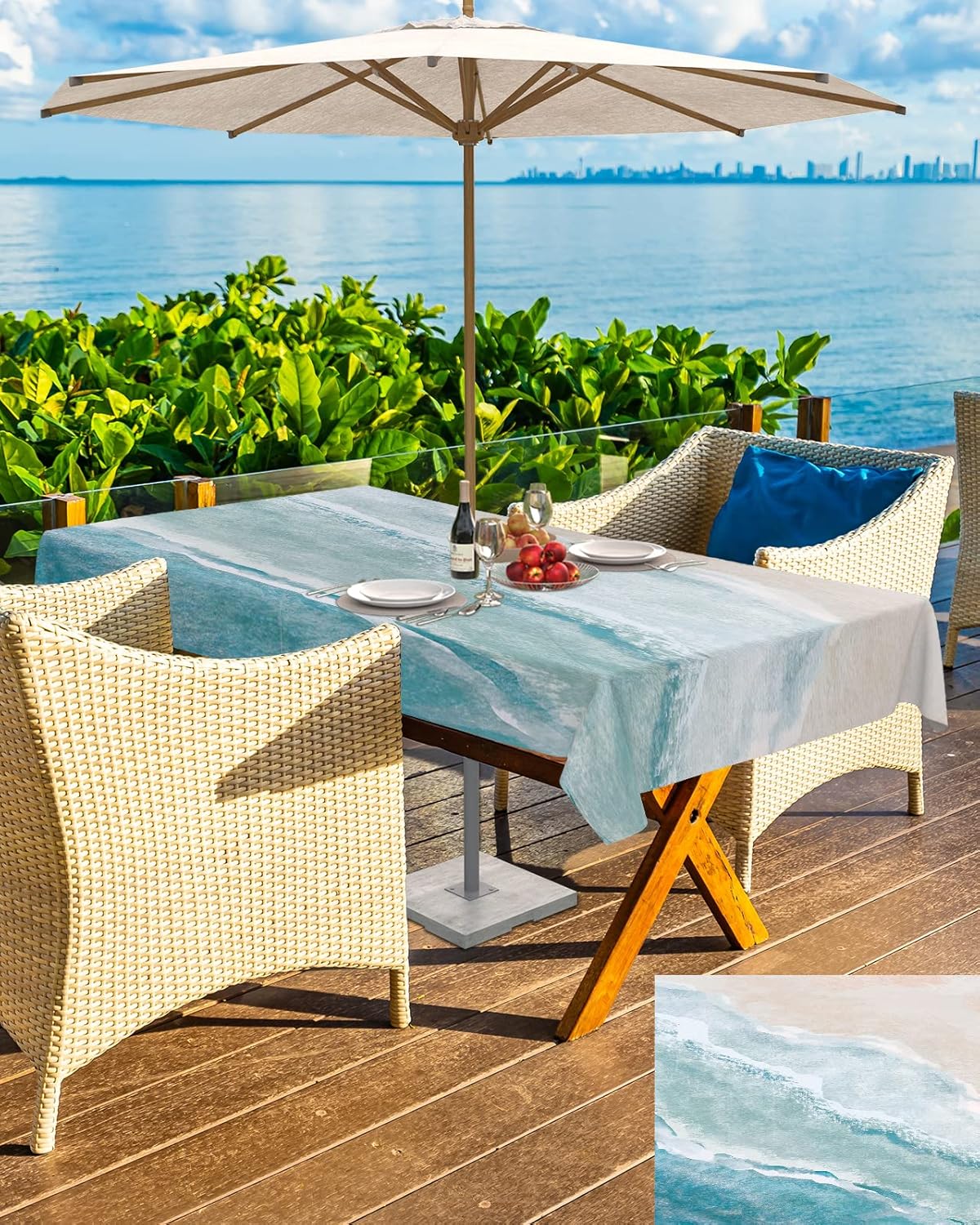 Summer Beach Outdoor Tablecloth - 60x102 Inch Rectangle Dining Table Cover, Coastal Ocean Nautical Seaside Aqua Beige Waterproof Outdoor Table Cloth with Umbrella Hole & Zipper for Picnic/Patio/Party