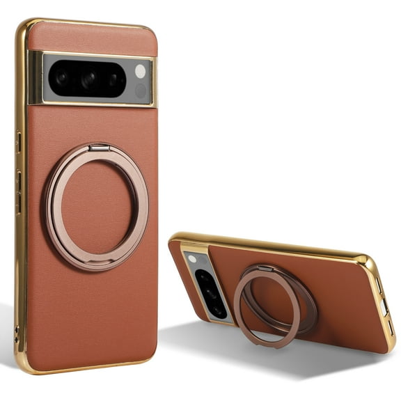 Ring Stand for Google Pixel 8 Pro Case, [Magnetic Compatible with Mag-Safe & Support Car Mount] Shockproof Plating Frame PU Leather Phone Case, Rotatable Stand Cover for Google Pixel 8 Pro, Brown