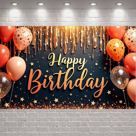 Glittery Design Banner Orange Pink Tone Birthday Backdrop Star Pattern Balloon Decor Celebration Background for Birthday Party Adult Birthday Celebration Indoor Party