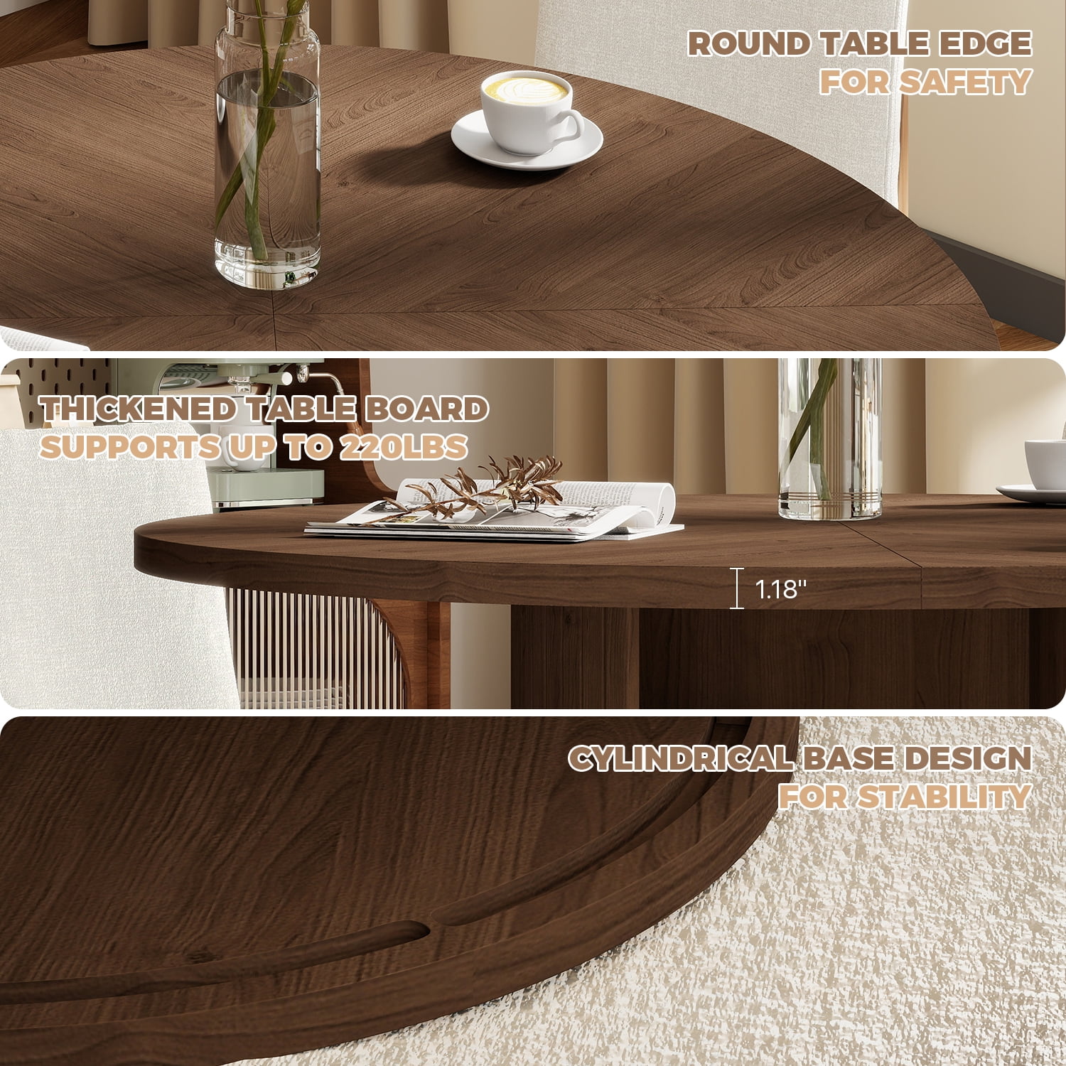BaPiPro 47-Inch Large Round Dining Table for 4 Person, Modern Farmhouse Kitchen Table with Hidden Storage for Dining Room, Rustic Brown
