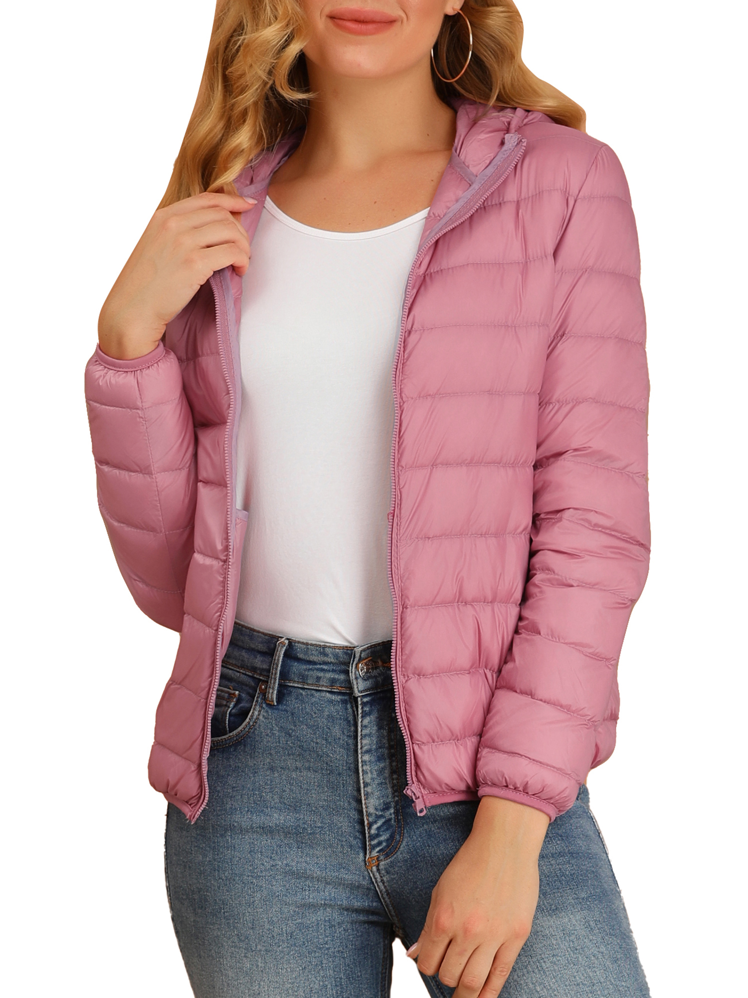 DARING DIVA Women's Hooded Zip Up Short Down Lightweight Jacket XS Pink