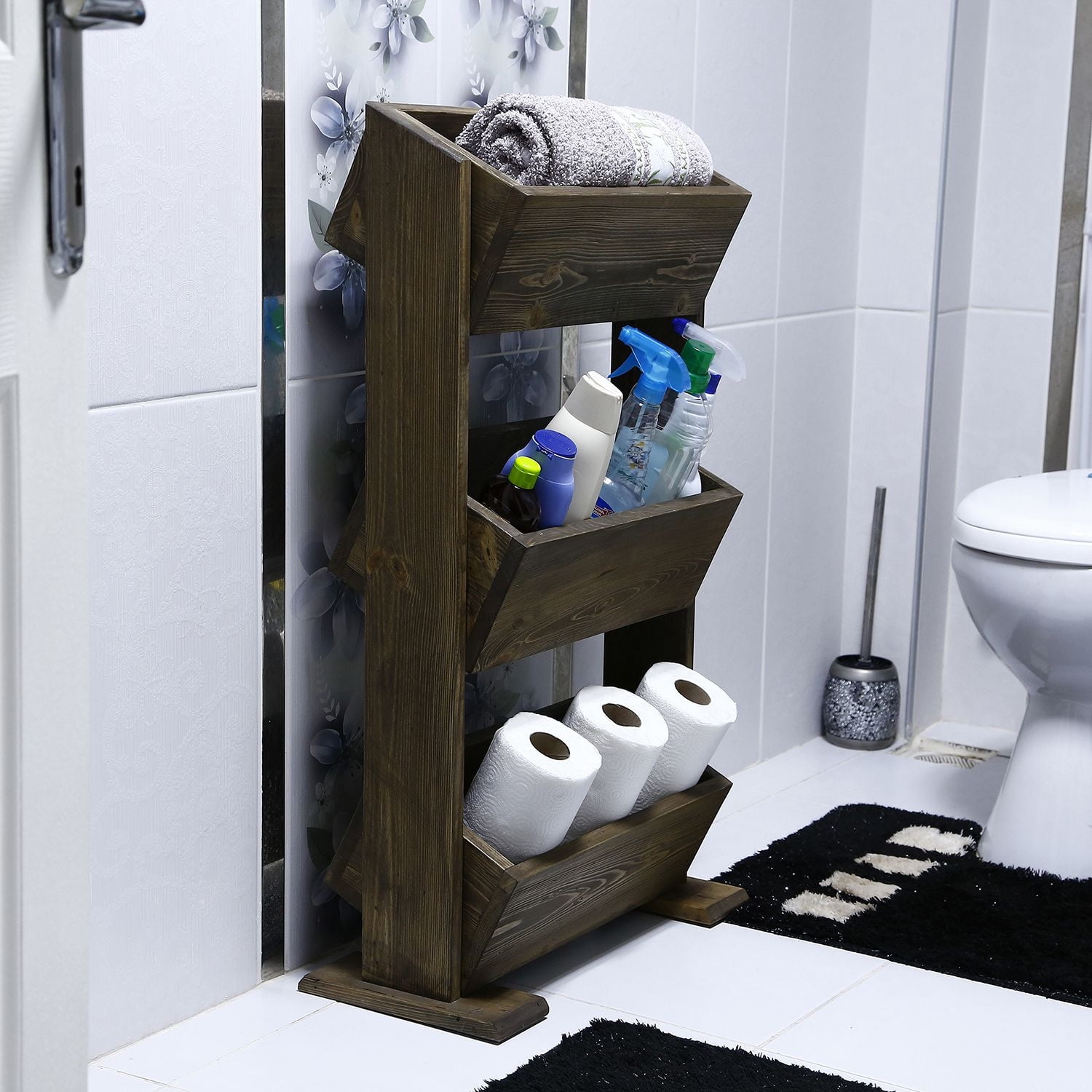 3-Shelf Solid Wood Free-Standing Bathroom Shelves, 20.5" W x 35.4" H x ...