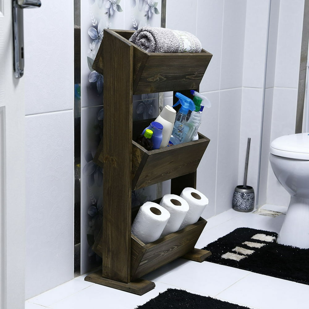 A photo of a free-standing wooden bathroom shelf with 3 shelves