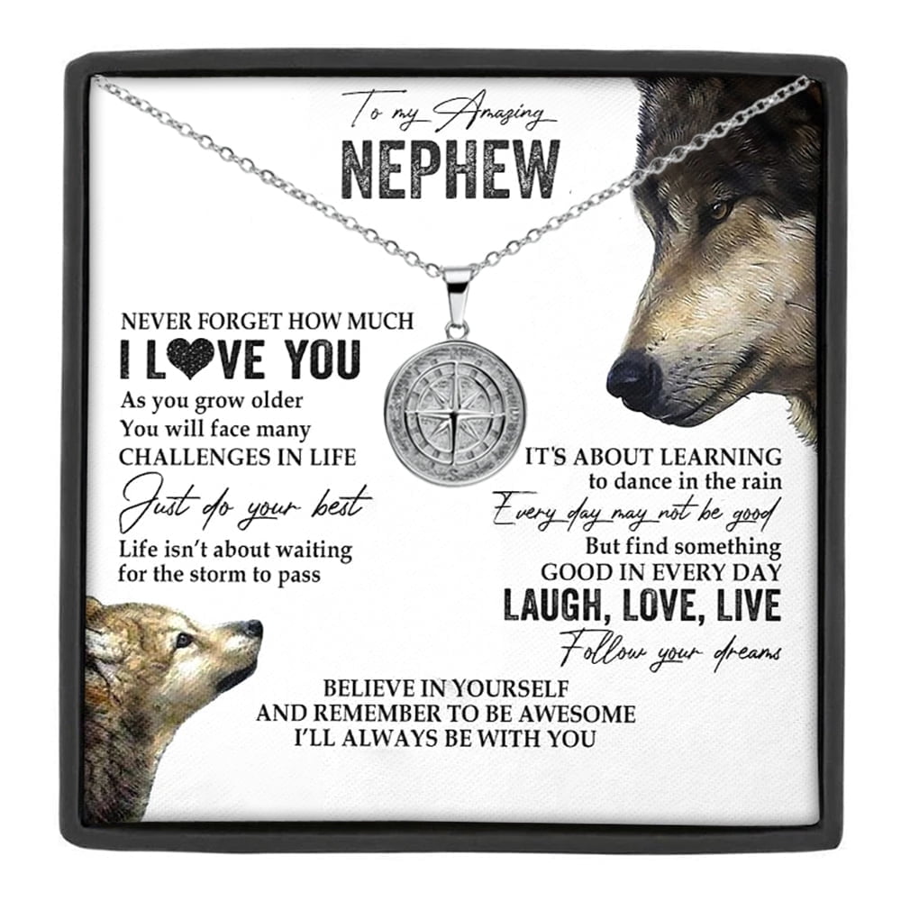 MASALADI To My Nephew Compass Necklace, Inspirational Graduation Birthday Christmas Gift Box