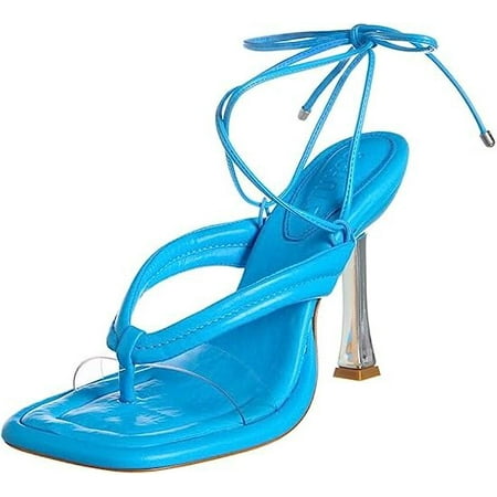 

Schutz Meghan True Blue Clear Lace Up Open Toe Stiletto High Heel Thong Sandals (True Blue 8.5)