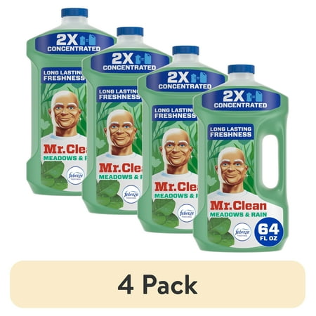 (4 pack) Mr. Clean 2X Concentrated Floor Cleaner, All Purpose Cleaner, Mop Soap, Meadows & Rain, 64 fl oz