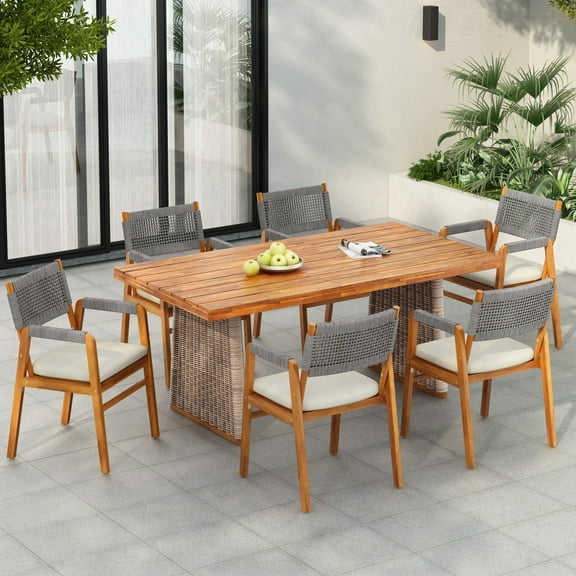 Christopher Knight Home 7-Piece Outdoor Dining Set, Acacia Wood Table and 6 Rope-Woven Chairs, Gray Brown