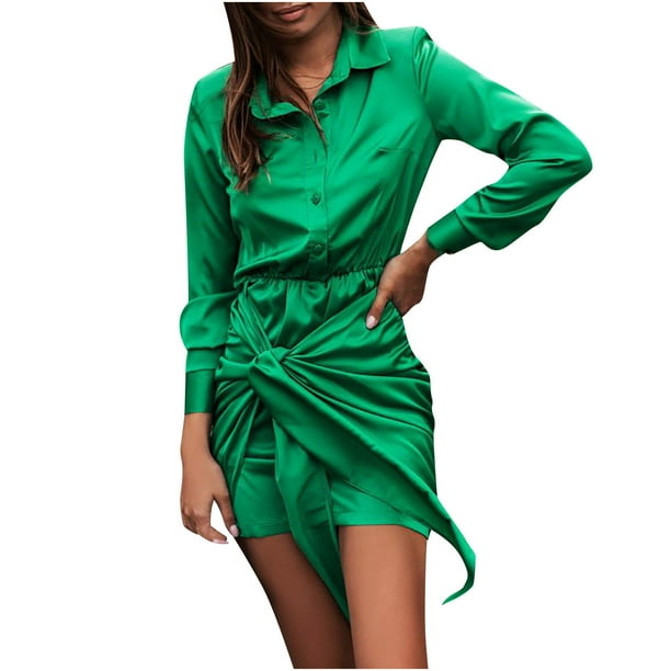 Moda para mujer Temperamento Solapa Color sólido Manga larga Cinturón delgado Vestido de camisa Falda corta Pompotops qwe12634
