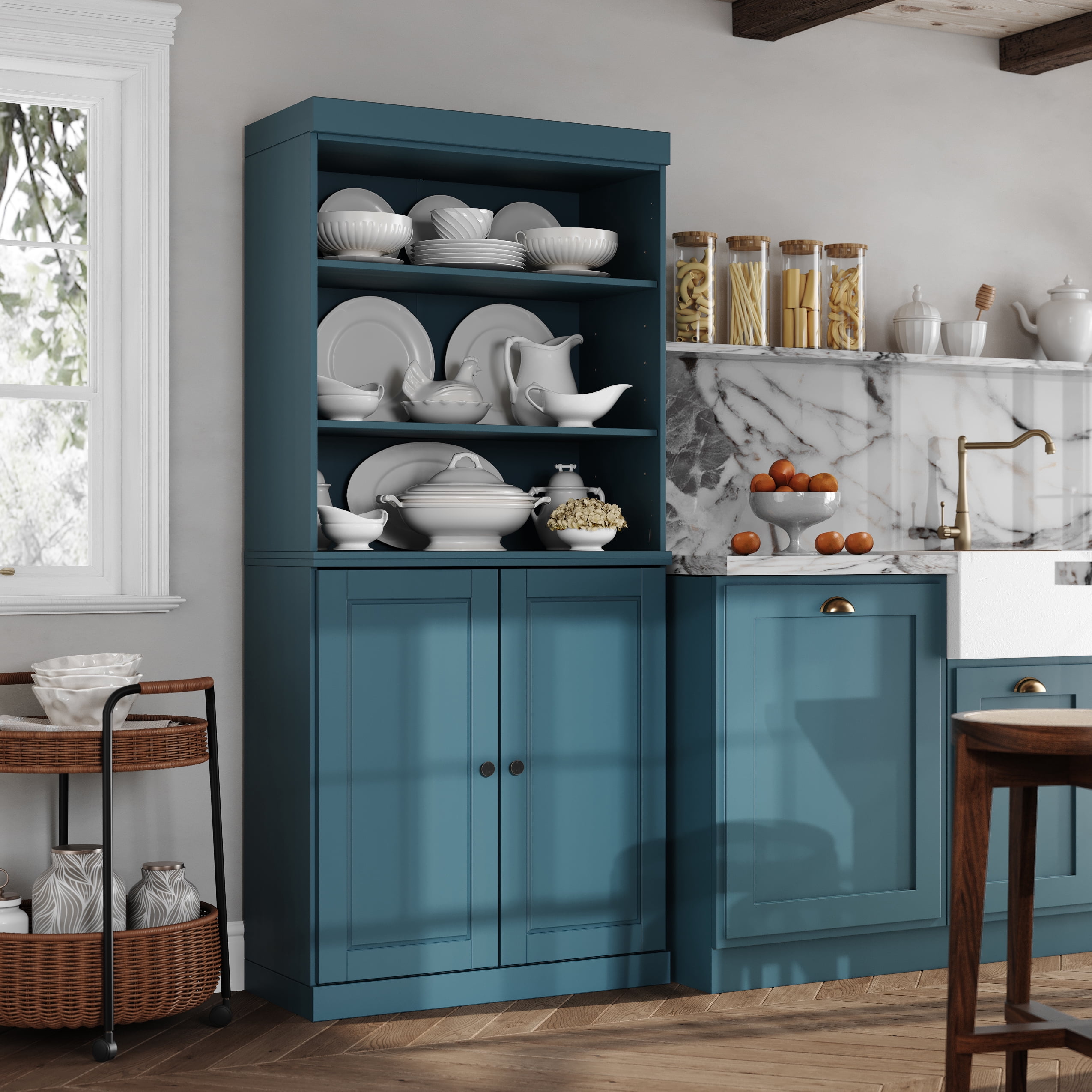 Palace Imports 100% Solid Wood 32" Kitchen Pantry Cabinet with Solid Doors, Teal Blue