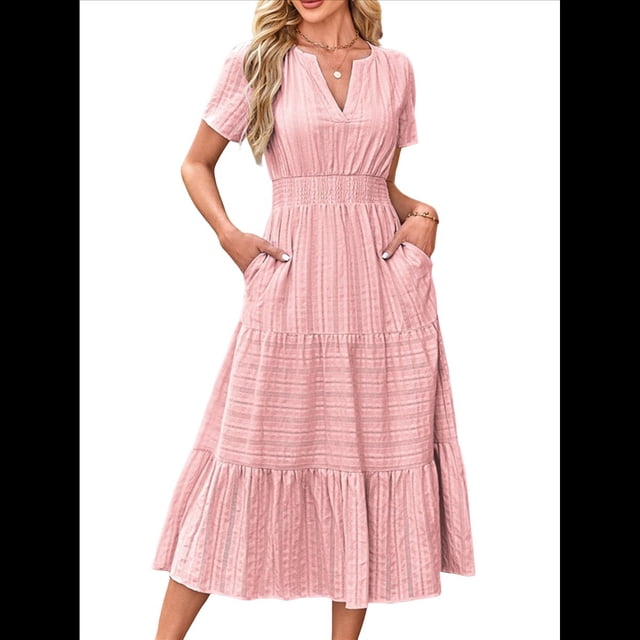 Vestido Bohemio Informal de Verano para Mujer, Ligero, de Corta, Cuello en V, Cintura Elástica y Bolsillos. Rosa S