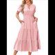 thumbnail image 1 of Vestido Bohemio Informal de Verano para Mujer, Ligero, de Corta, Cuello en V, Cintura Elástica y Bolsillos. Rosa XL, 1 of 8