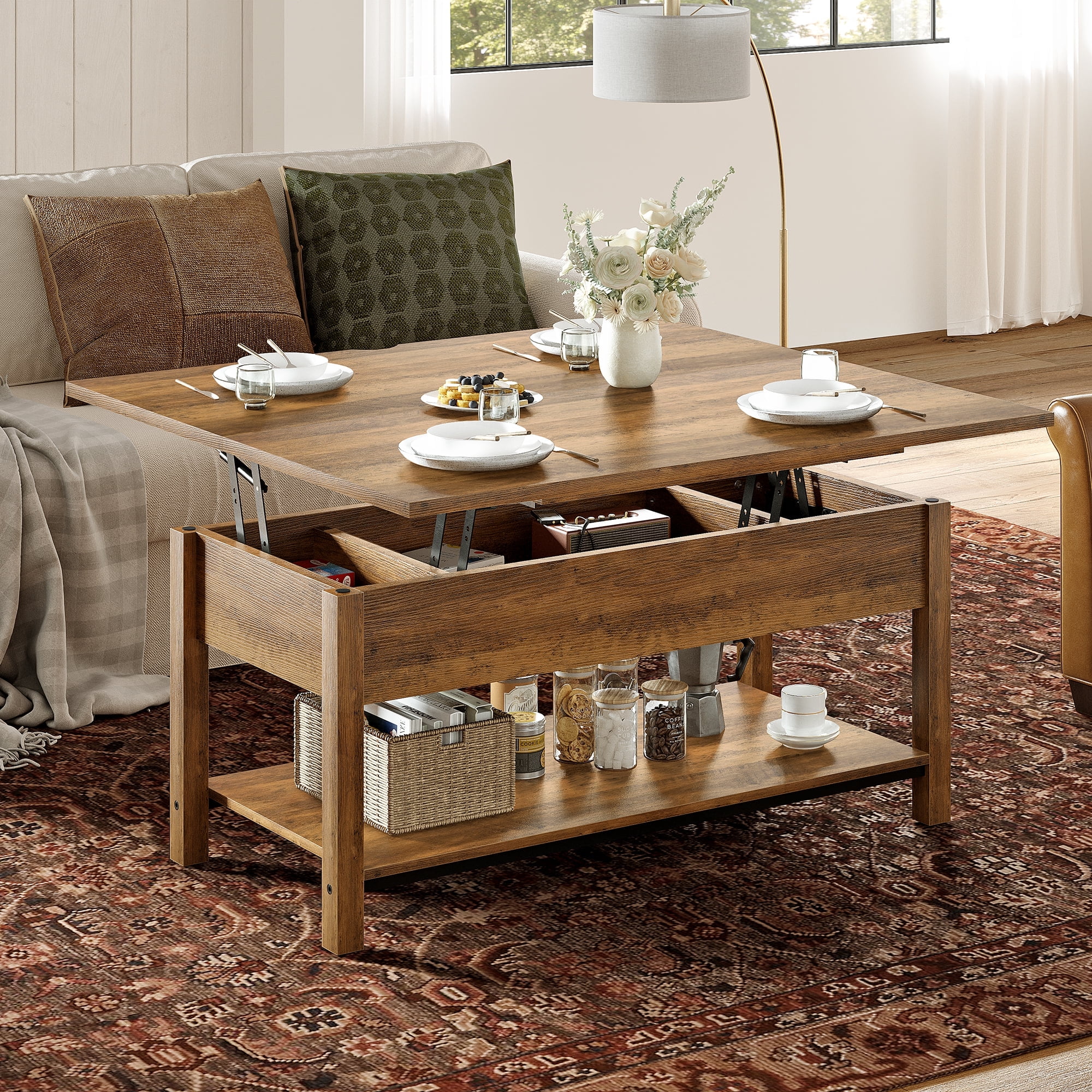 GUNAITO 40.9"Lift Top Coffee Table,4 in 1 Multi-Function Convertible Coffee Table with Hidden Storage Modern Framhouse Coffee Table for Living Room,Light brown
