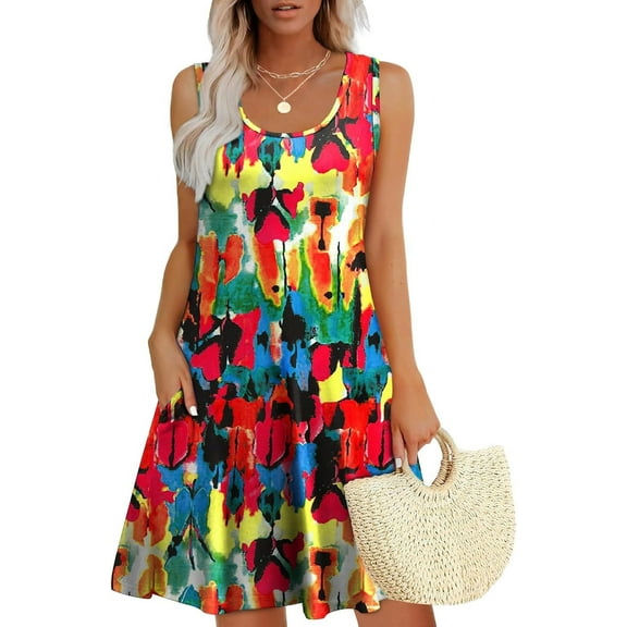 Womens Summer Dresses Loose U Neck Sleeveless Sundresses Dress with Pockets