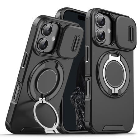 Dteck for iPhone 16 Case with Camera Cover Sliding Compatible with MagSafe Wireless Charing & Magnetic Car Mount Rotating Kickstand Shockproof Cover Rugged Case for iPhone 16 Black