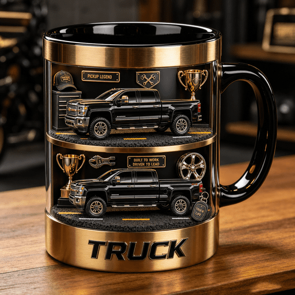 2D Flat Mug, Pickup Truck Mug Black Gold Truck Lover Coffee Cup Gift for Drivers