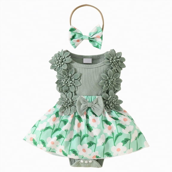 CAICJ98 Baby Girl Clothes Newborn Romper Dress Infant Lace Ruffle Sleeveless Summer Outfits with Headband (Green,3-6 Months)