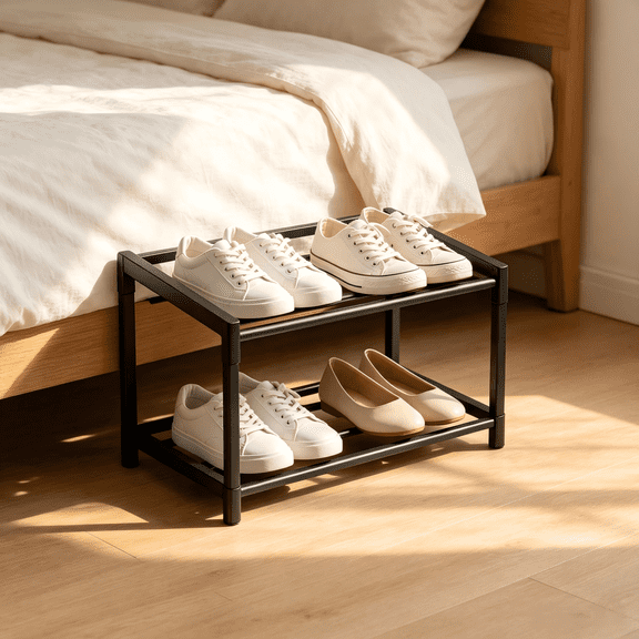2 Tier Shoe Rack Organizer, Plastic Storage Shelf for Closet Entryway Dorm, Black,18.1"x11"x8.3"